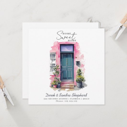 引っ越しました新しい住所ピンクウォーターカラードア カード (正面/裏面インサイチュ)