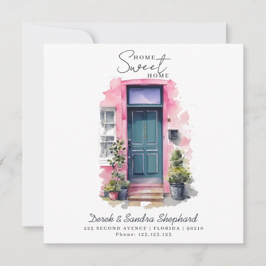 引っ越しました新しい住所ピンクウォーターカラードア カード (正面)