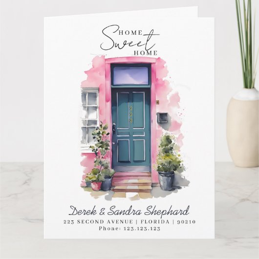 引っ越しました新しい住所ピンクウォーターカラードア カード (正面)