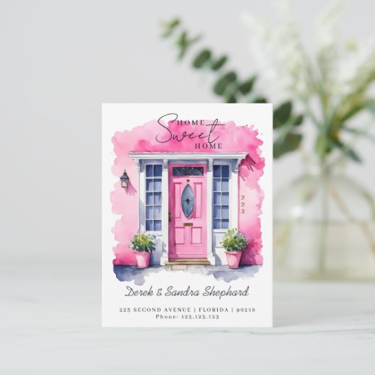 引っ越しました新しい住所ピンクウォーターカラードア 案内ポストカード (スタンド正面)