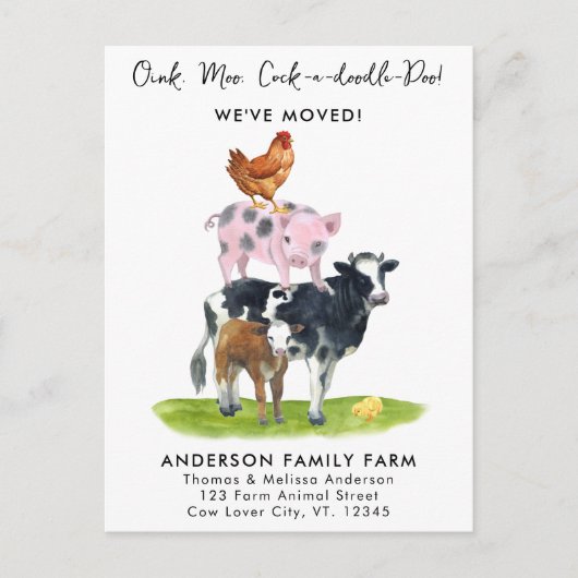 引っ越しました新しい住所モダンファーム動物の移動 案内ポストカード (正面)