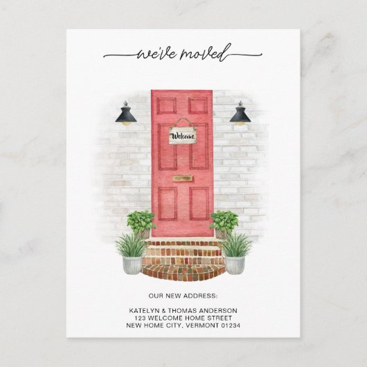 引っ越しました新しい住所モダン水彩赤いドア 案内ポストカード (正面)