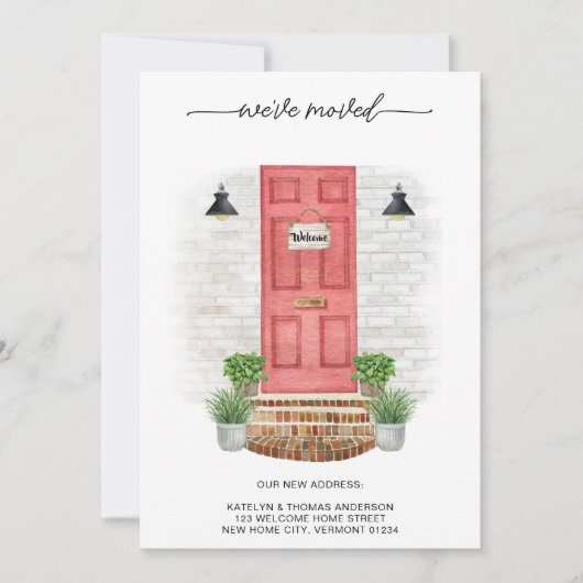 引っ越しました新しい住所モダン水彩赤いドア 案内状 (正面)