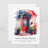 引っ越しました新しい住所レッドネイビーウォーターカラードア 案内ポストカード (正面/裏面)