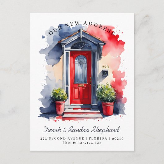 引っ越しました新しい住所レッドネイビーウォーターカラードア 案内ポストカード (正面)