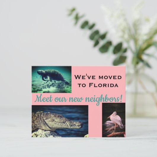 引っ越しました新しい隣人の写真コラージュ ポストカード (スタンド正面)