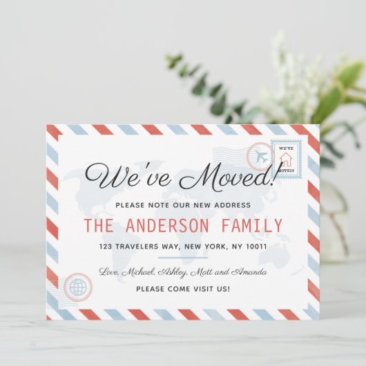 引っ越しました旅行郵便はがきの招待状カード 招待状 (スタンド正面)