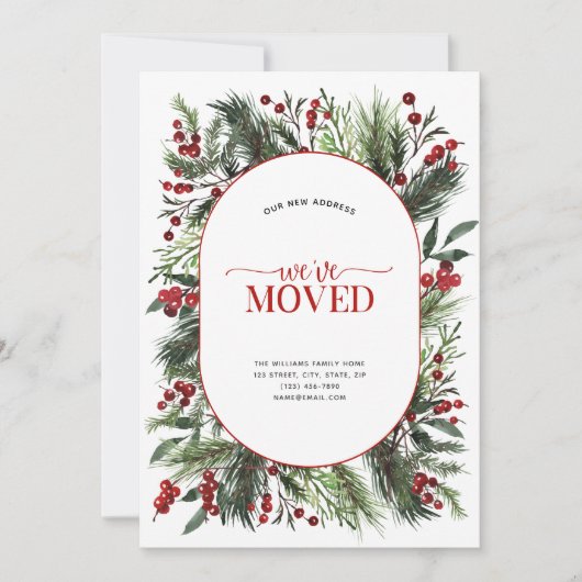 引っ越しました暖赤の冬の動く発表 シーズンカード (正面)