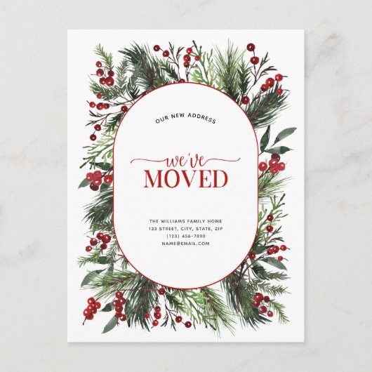 引っ越しました暖赤色冬季発表葉書 案内ポストカード (正面)