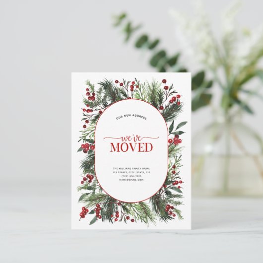 引っ越しました暖赤色冬季発表葉書 案内ポストカード (スタンド正面)