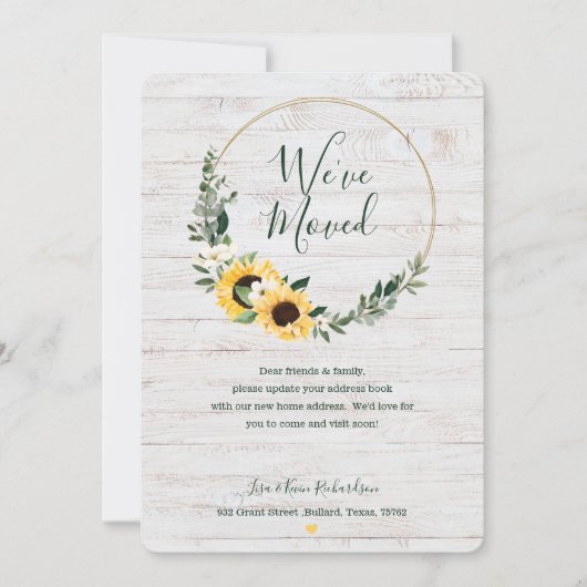引っ越しました水彩ひまわりリース白木 案内状 (正面)