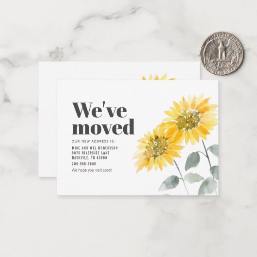 引っ越しました水彩ひまわり移動 ノートカード (正面/裏面インサイチュ)