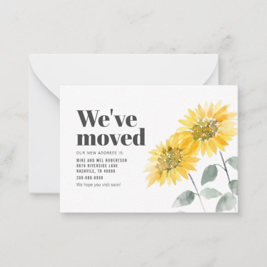 引っ越しました水彩ひまわり移動 ノートカード (正面)