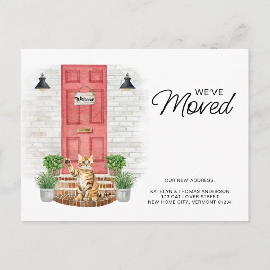 引っ越しました水彩フロントレッドドアキャット移動 案内ポストカード (正面)