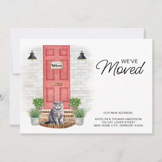 引っ越しました水彩フロントレッドドアキャット移動 案内状 (正面)