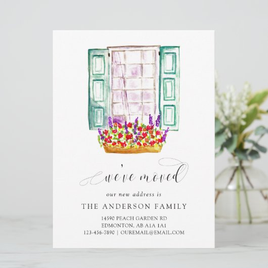 引っ越しました水彩窓フラワーボックスかわいい 案内状 (スタンド正面)