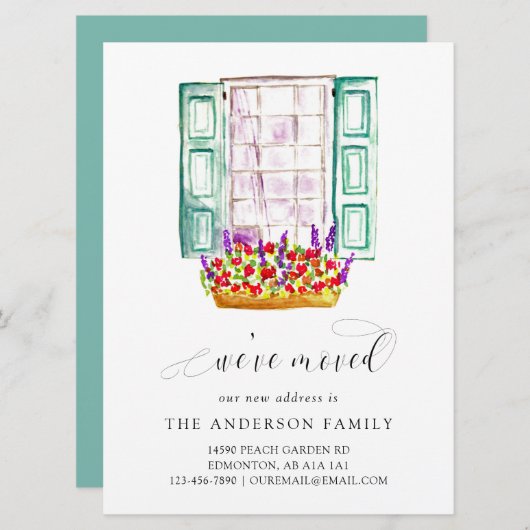 引っ越しました水彩窓フラワーボックスかわいい 案内状 (正面/裏面)