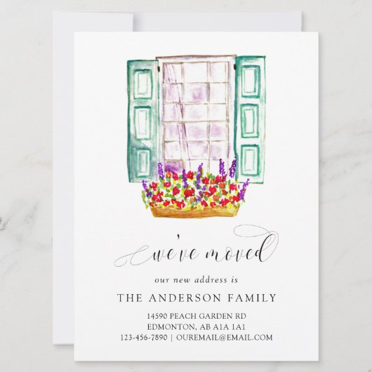 引っ越しました水彩窓フラワーボックスかわいい 案内状 (正面)