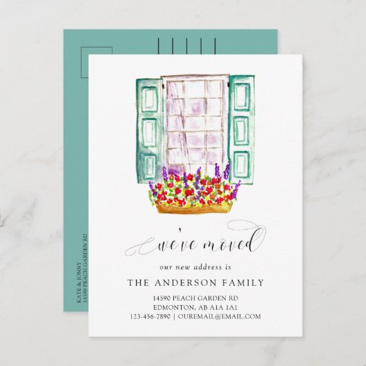 引っ越しました水彩窓花箱かわいい 案内ポストカード (正面/裏面)