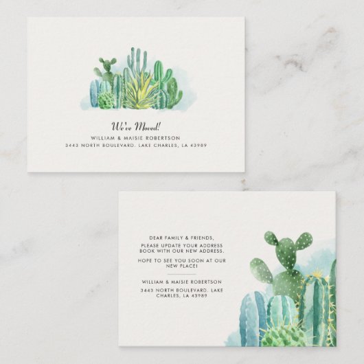 引っ越しました水色のサボテンの移動発表 名刺 (正面/裏面)