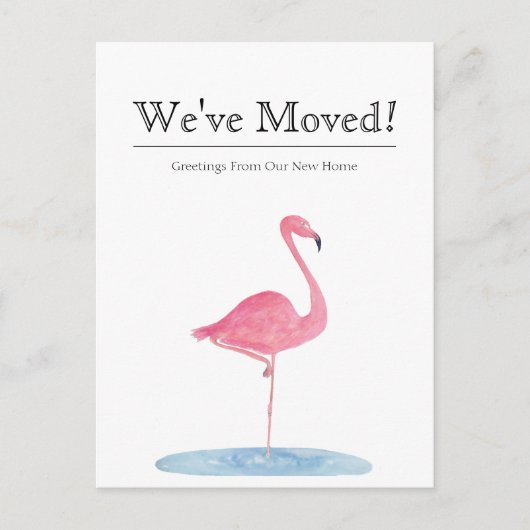 引っ越しました水色フラミンゴ新しいアドレス 案内ポストカード (正面)