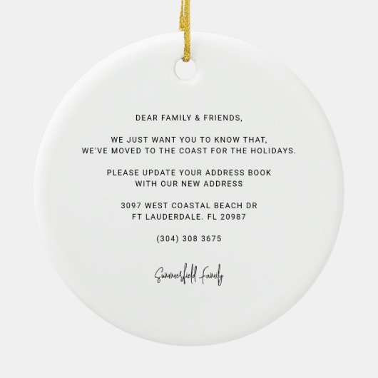 引っ越しました沿岸のヤシの木の移動クリスマス セラミックオーナメント (裏面)