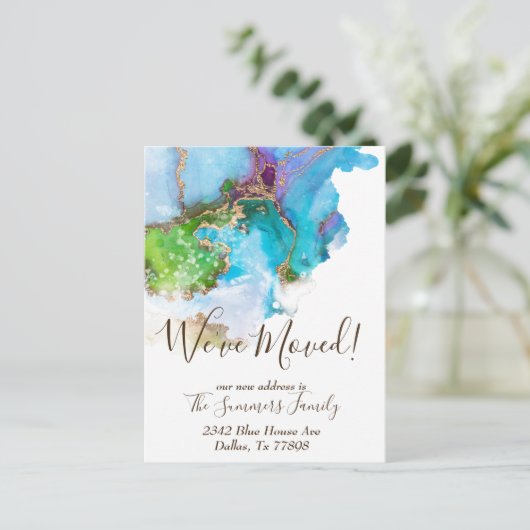 引っ越しました発表金ゴールド水の色 ポストカード (スタンド正面)