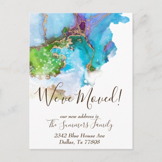 引っ越しました発表金ゴールド水の色 ポストカード (正面)
