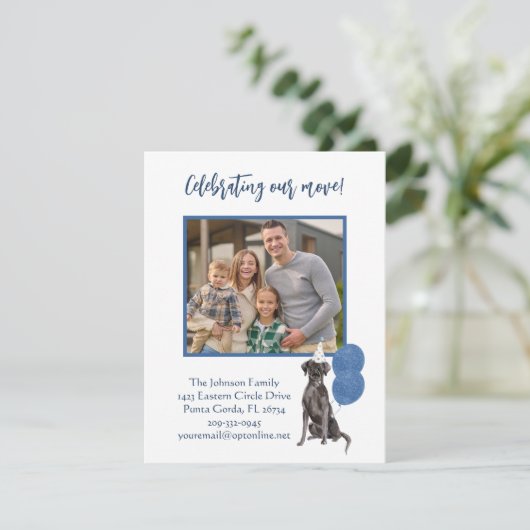 引っ越しました祝の犬の家族写真予算 案内状 (スタンド正面)