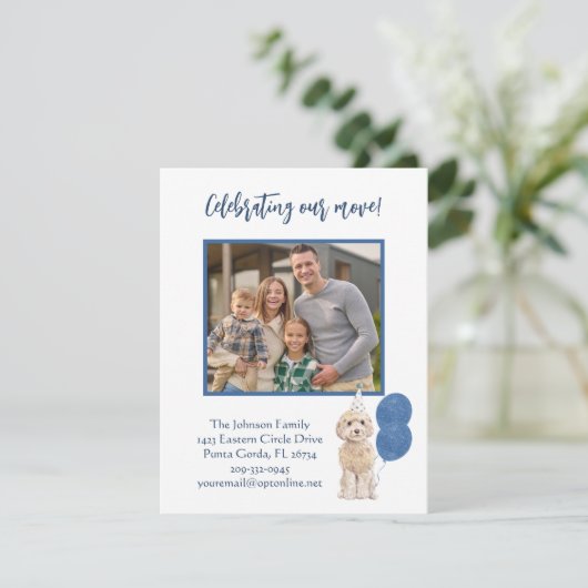 引っ越しました祝の犬の家族写真予算 案内状 (スタンド正面)