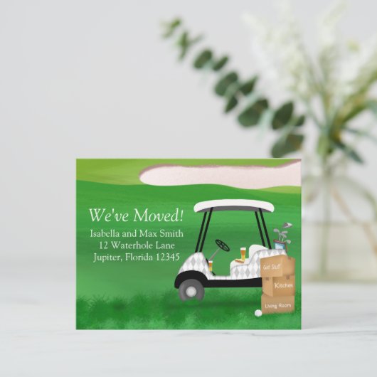 引っ越しました箱付きゴルフカート 案内ポストカード (スタンド正面)