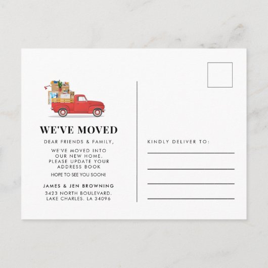 引っ越しました素朴レッドトラック新しい住所の移動 案内ポストカード (裏面)