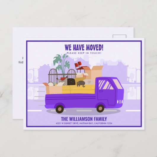引っ越しました紫色のトラックを移動 案内ポストカード (正面/裏面)