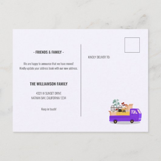 引っ越しました紫色のトラックを移動 案内ポストカード (裏面)
