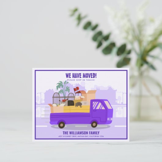 引っ越しました紫色のトラックを移動 案内ポストカード (スタンド正面)