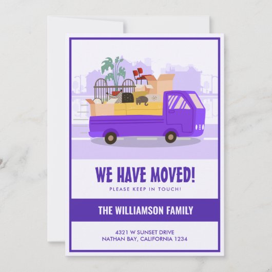引っ越しました紫色のトラックを移動 案内状 (正面)