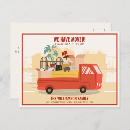 引っ越しました赤いトラックを移動 案内ポストカード (正面/裏面)