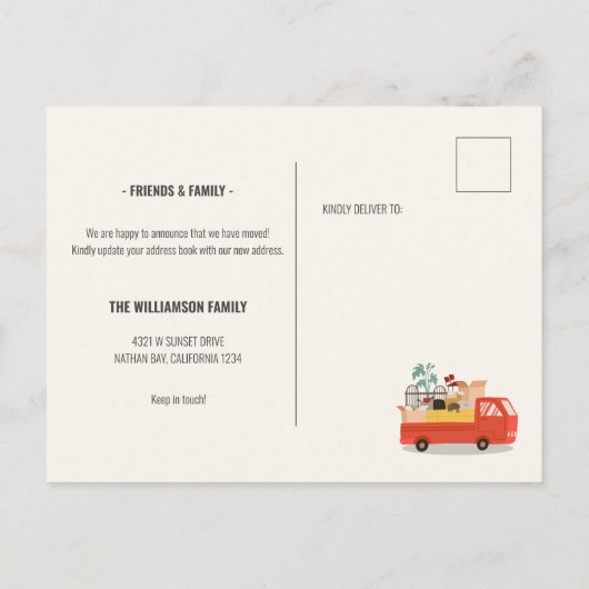 引っ越しました赤いトラックを移動 案内ポストカード (裏面)