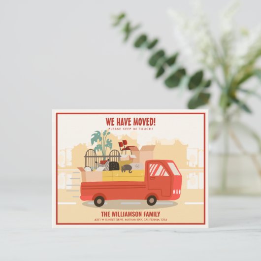引っ越しました赤いトラックを移動 案内ポストカード (スタンド正面)