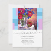 引っ越しました赤フローラ花瓶スクリプト文字 案内状 (正面)