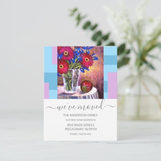 引っ越しました赤フローラ花瓶スクリプト文字 案内状 (スタンド正面)