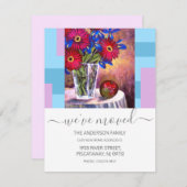 引っ越しました赤フローラ花瓶スクリプト文字 案内状 (正面/裏面)