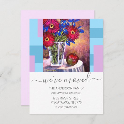 引っ越しました赤フローラ花瓶スクリプト文字 案内状 (正面/裏面)