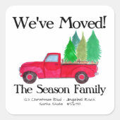 引っ越しました赤レトロピックアップトラック（木あり） スクエアシール (正面)