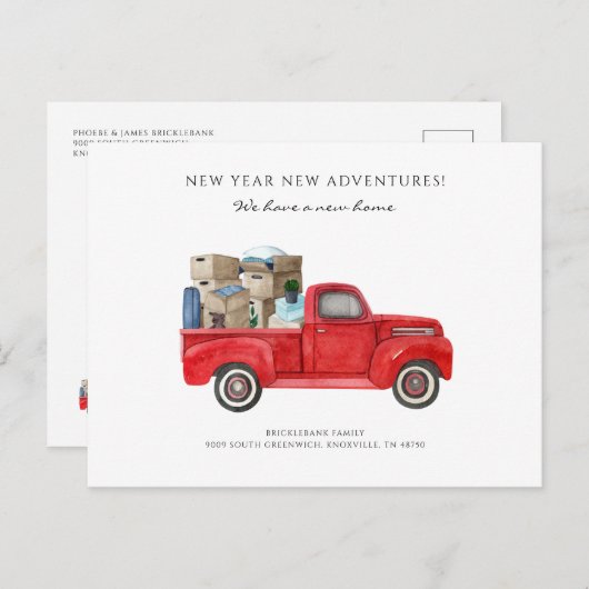 引っ越しました転居赤台車移動 案内ポストカード (正面/裏面)