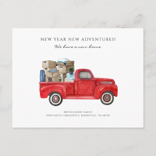 引っ越しました転居赤台車移動 案内ポストカード (正面)