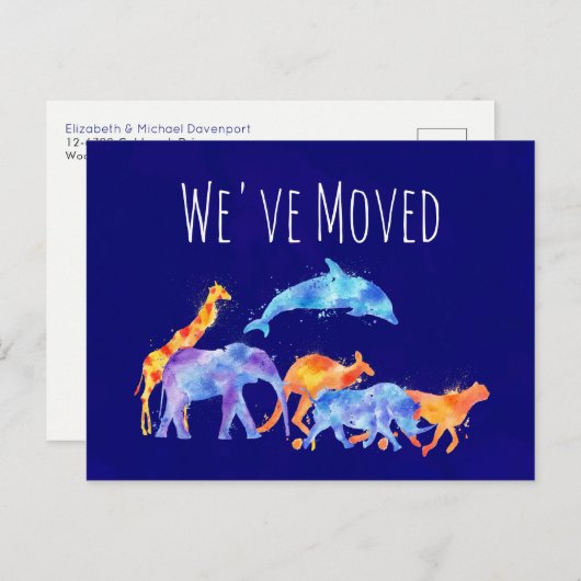 引っ越しました野生動物群カラフル水色 案内ポストカード (正面/裏面)