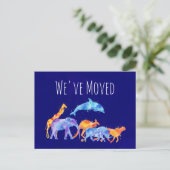 引っ越しました野生動物群カラフル水色 案内ポストカード (スタンド正面)