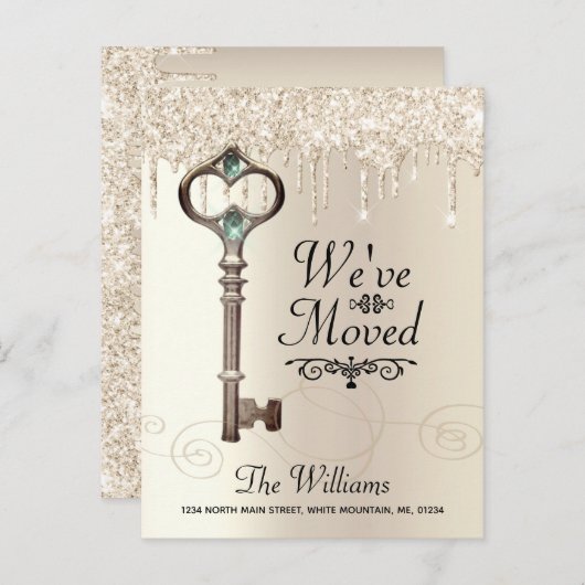 引っ越しました鍵滴下グリッターアドレスの変更 案内ポストカード (正面/裏面)