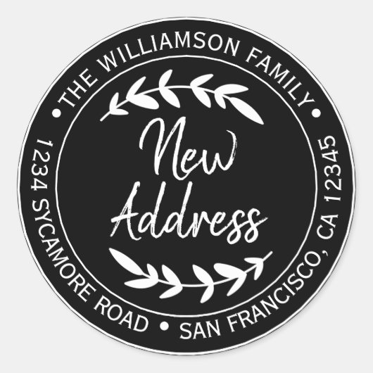 引っ越しました黒の新しい住所ラベル ラウンドシール (正面)